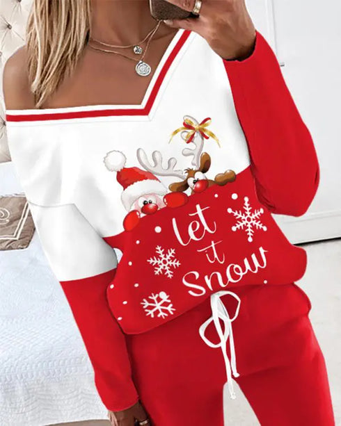 2 Piece Christmas Cartoon Santa Slaus Reindeer Let it Snow Print Long Sleeve Top Stretchy Waist Tracksuit Set red