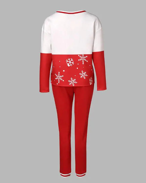 2 Piece Christmas Cartoon Santa Slaus Reindeer Let it Snow Print Long Sleeve Top Stretchy Waist Tracksuit Set red