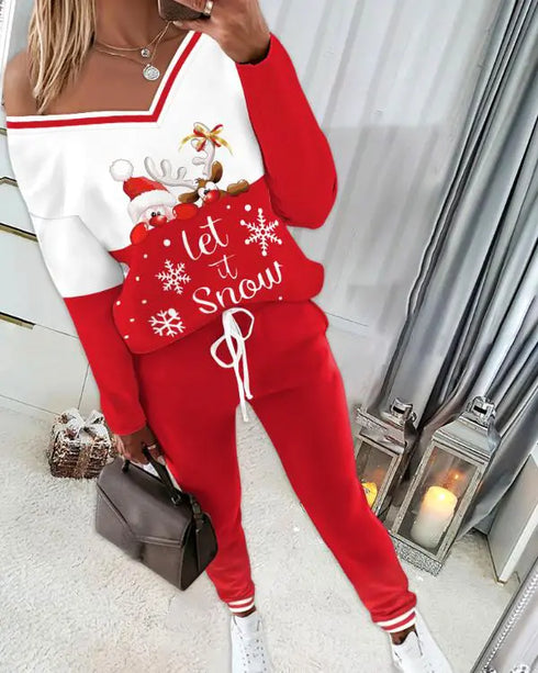 2 Piece Christmas Cartoon Santa Slaus Reindeer Let it Snow Print Long Sleeve Top Stretchy Waist Tracksuit Set red