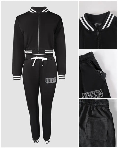 2 Pieces Outfit Rhinestone Letter Queen Contrast Striped Zip Up Crop Baseball Coat and Casual Drawstring Elastic Waist Tapered Pants Set black