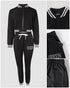 2 Pieces Outfit Rhinestone Letter Queen Contrast Striped Zip Up Crop Baseball Coat and Casual Drawstring Elastic Waist Tapered Pants Set black