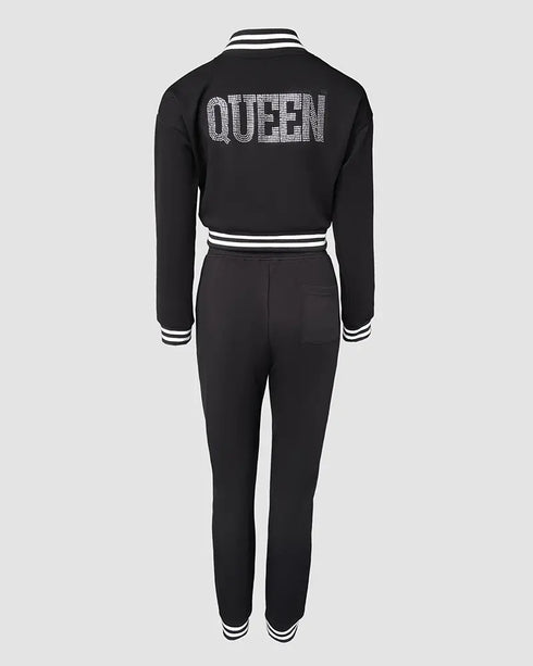 2 Pieces Outfit Rhinestone Letter Queen Contrast Striped Zip Up Crop Baseball Coat and Casual Drawstring Elastic Waist Tapered Pants Set black