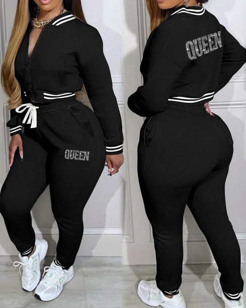2 Pieces Outfit Rhinestone Letter Queen Contrast Striped Zip Up Crop Baseball Coat and Casual Drawstring Elastic Waist Tapered Pants Set black