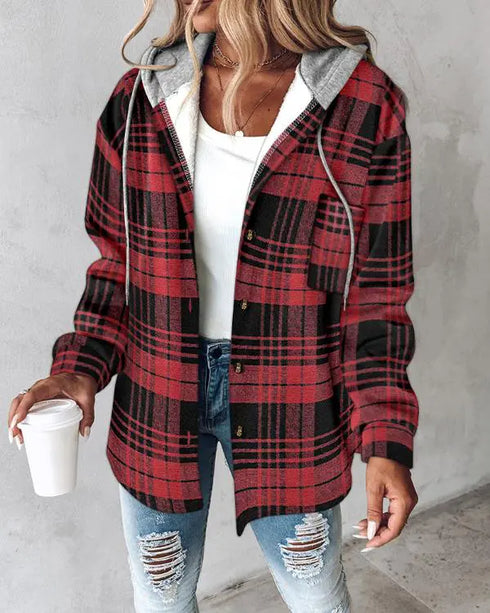 Plaid Print Long Sleeve Button Front Drawstring Hoodie Coat Casual Pocket Design Thermal Lined Shirt Coat red