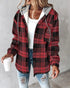 Plaid Print Long Sleeve Button Front Drawstring Hoodie Coat Casual Pocket Design Thermal Lined Shirt Coat red