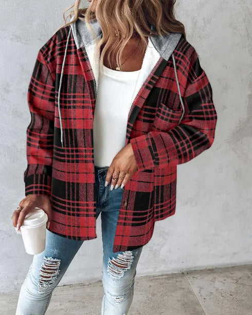 Plaid Print Long Sleeve Button Front Drawstring Hoodie Jacket Casual Pocket Design Thermal Lined Warm Coat red
