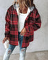Plaid Print Long Sleeve Button Front Drawstring Hoodie Coat Casual Pocket Design Thermal Lined Shirt Coat red