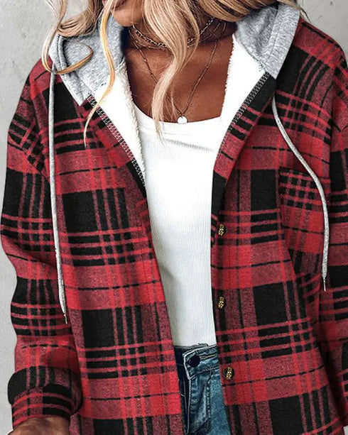 Plaid Print Button Front Pocket Design Drawstring Hoodie Jacket Casual Asymmetrical Hem Thermal Lined Warm Coat red