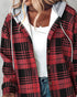 Plaid Print Button Front Pocket Design Drawstring Hoodie Jacket Casual Asymmetrical Hem Thermal Lined Warm Coat red