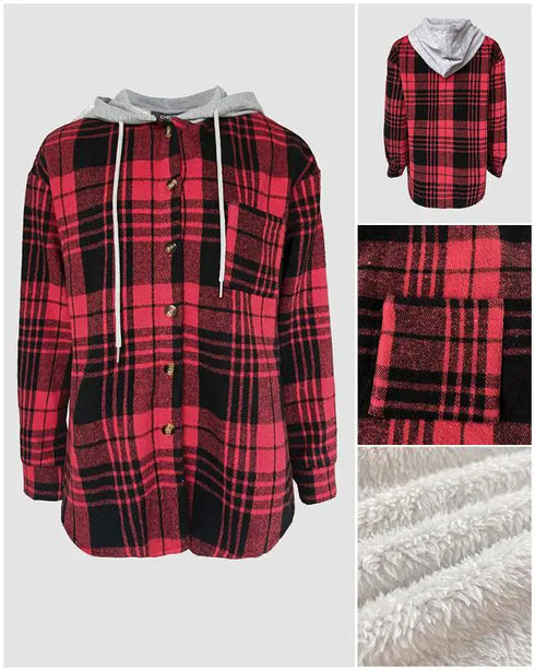 Plaid Print Button Front Pocket Design Drawstring Hoodie Jacket Casual Asymmetrical Hem Thermal Lined Warm Coat red
