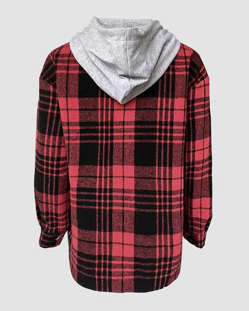 Plaid Print Long Sleeve Button Front Drawstring Hoodie Coat Casual Pocket Design Thermal Lined Shirt Coat red