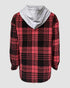 Plaid Print Button Front Pocket Design Drawstring Hoodie Jacket Casual Asymmetrical Hem Thermal Lined Warm Coat red