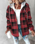 Plaid Print Long Sleeve Button Front Drawstring Hoodie Coat Casual Pocket Design Thermal Lined Shirt Coat red