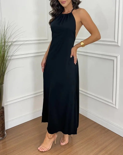Halter Sleeveless Backless Maxi Dress Casual Shirred Back Side Slit Vacation Dress black
