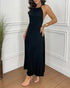 Halter Sleeveless Backless Maxi Dress Casual Shirred Back Side Slit Vacation Dress black