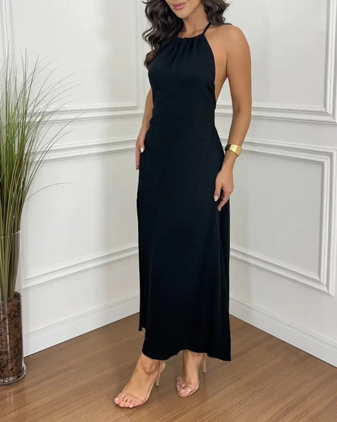 Halter Sleeveless Backless Maxi Dress Casual Shirred Back Side Slit Vacation Dress black