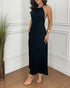 Halter Sleeveless Backless Maxi Dress Casual Shirred Back Side Slit Vacation Dress black