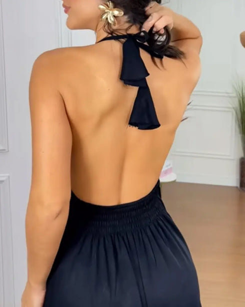 Halter Sleeveless Backless Maxi Dress Casual Shirred Back Side Slit Vacation Dress black