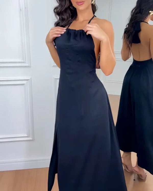 Halter Sleeveless Backless Maxi Dress Casual Shirred Back Side Slit Vacation Dress black