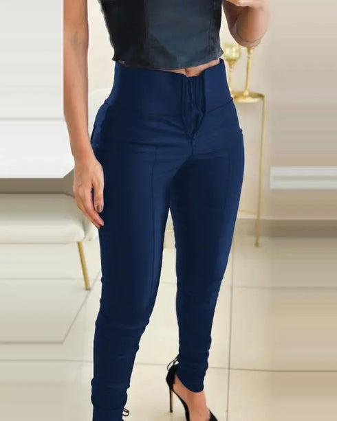 ChicMe CurveEase High Waist Zipper Closure Front with Anti-Pinch Inner Lining Double-layer Tummy Control PU Leather Pants Fleece Lined Tights blue