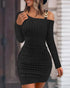 Chain Decor Cold Shoulder Ribbed Bodycon Dress black
