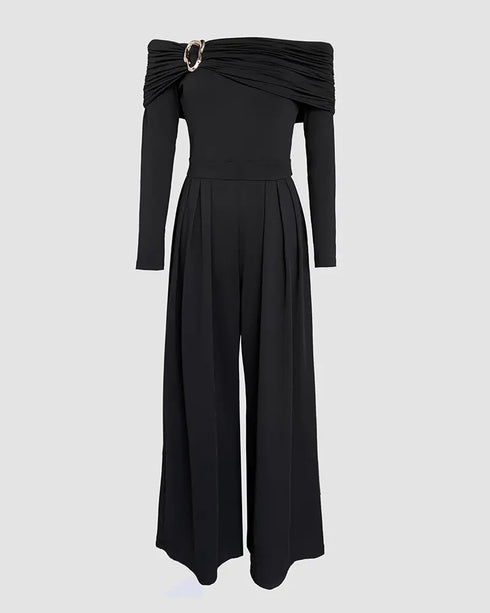 Cold Shoulder Ruched Buckle Wide Leg Jumpsuit black