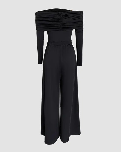 Metal Ring Decor Off Shoulder Ruched High Waist Jumpsuit Casual Cinched Waist Wide Leg Jumpsuit black