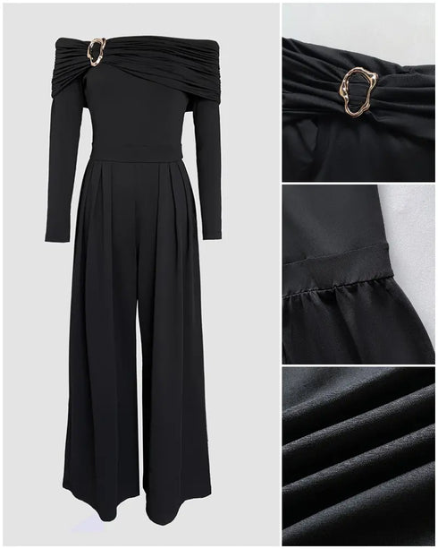 Cold Shoulder Ruched Buckle Wide Leg Jumpsuit black