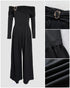 Metal Ring Decor Off Shoulder Ruched High Waist Jumpsuit Casual Cinched Waist Wide Leg Jumpsuit black
