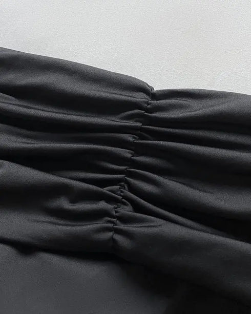 Metal Ring Decor All Over Print One Shoulder Ruched Jumpsuit Casual Pleated Wide Leg Jumpsuit black