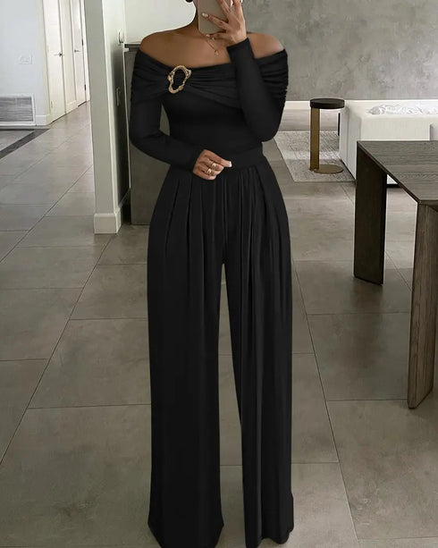 Metal Ring Decor Off Shoulder Ruched High Waist Jumpsuit Casual Cinched Waist Wide Leg Jumpsuit black