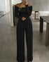Metal Ring Decor All Over Print One Shoulder Ruched Jumpsuit Casual Pleated Wide Leg Jumpsuit black