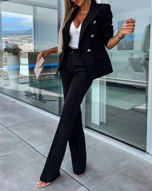 2 Pieces Outfit Notched Collar Double-Breasted Flap Detail Coat and Zipper Fly Elastic Back Waist Slim Fit Flared Pants Set Casual Blazer Set black