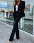 2 Pieces Outfit Metal Ring Decor Notched Collar Cinched Waist Wrap Front Coat and Zipper Fly Elastic Back Waist Pants Set Casual Blazer Set black