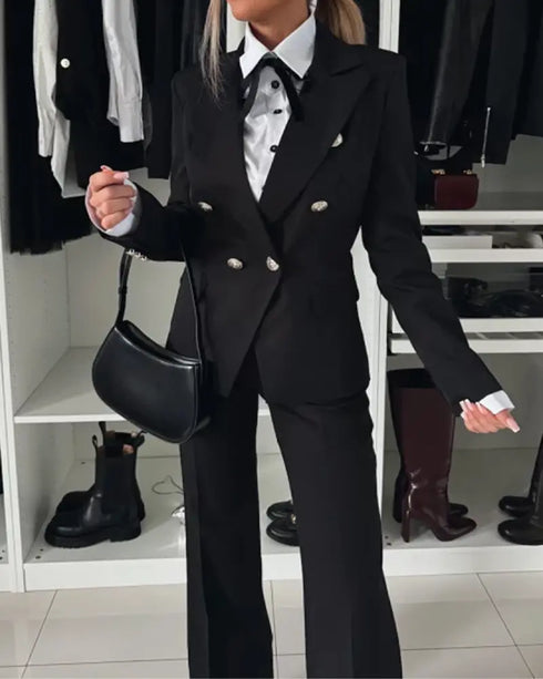 2 Pieces Outfit Metal Ring Decor Notched Collar Cinched Waist Wrap Front Coat and Zipper Fly Elastic Back Waist Pants Set Casual Blazer Set black