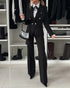 2 Pieces Outfit Metal Ring Decor Notched Collar Cinched Waist Wrap Front Coat and Zipper Fly Elastic Back Waist Pants Set Casual Blazer Set black