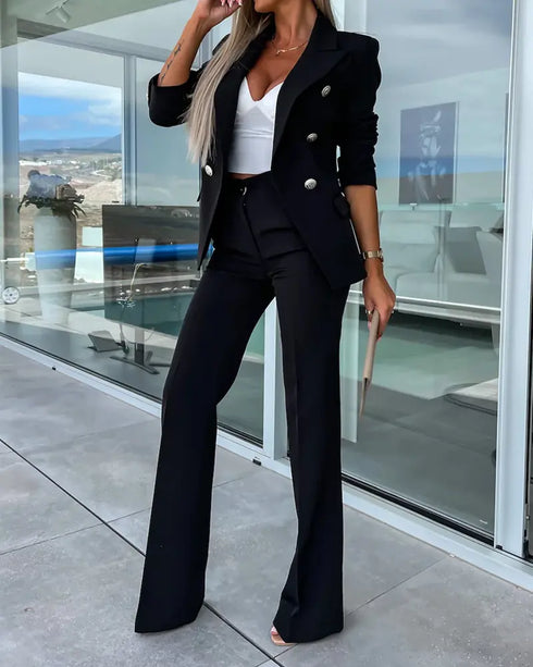 2 Pieces Outfit Notched Collar Double-Breasted Flap Detail Coat and Zipper Fly Elastic Back Waist Slim Fit Flared Pants Set Casual Blazer Set black