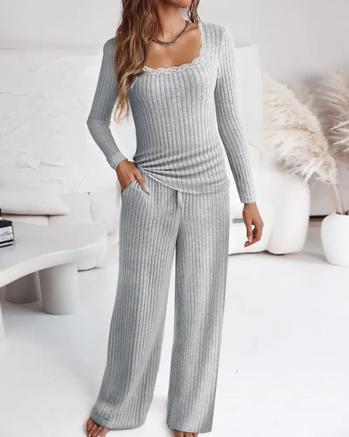 2 Pieces Outfit Lace Trim Square Neck Long Sleeve Top and Drawstring Elastic Waist Pants Set Casual Brushed Ribbed Set with Pockets gray