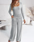 2 Pieces Outfit Lace Trim Square Neck Long Sleeve Top and Drawstring Elastic Waist Pants Set Casual Brushed Ribbed Set with Pockets gray
