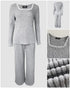 2 Pieces Outfit Lace Trim Square Neck Long Sleeve Top and Drawstring Elastic Waist Pants Set Casual Brushed Ribbed Set with Pockets gray