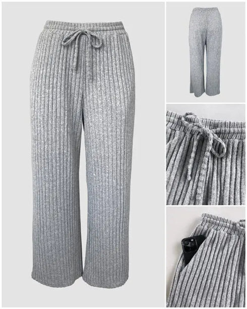 2 Pieces Outfit Lace Trim Square Neck Long Sleeve Top and Drawstring Elastic Waist Pants Set Casual Brushed Ribbed Set with Pockets gray