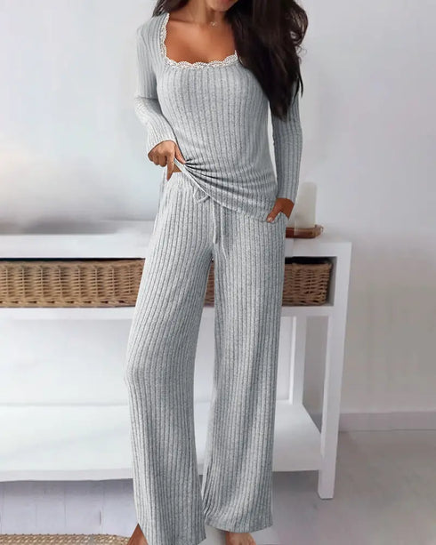 2 Pieces Outfit Lace Trim Square Neck Long Sleeve Top and Drawstring Elastic Waist Pants Set Casual Brushed Ribbed Set with Pockets gray