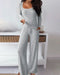 2 Pieces Outfit Lace Trim Square Neck Long Sleeve Top and Drawstring Elastic Waist Pants Set Casual Brushed Ribbed Set with Pockets gray
