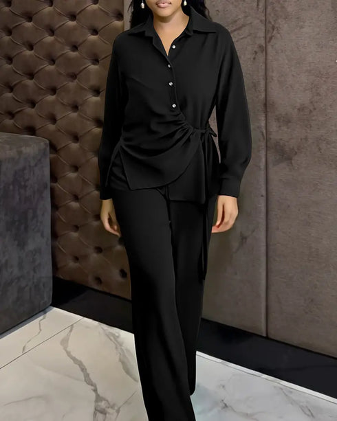 2 Pieces Outfit Turn-down Collar Button Front Drawstring Slit Asymmetrical Hem Top and Casual Elastic Back Waist Zipper Side Wide Leg Pants Set black