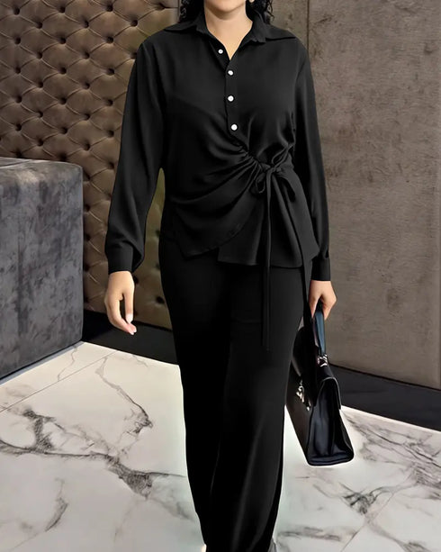 2 Pieces Outfit Turn-down Collar Button Front Drawstring Slit Asymmetrical Hem Top and Casual Elastic Back Waist Zipper Side Wide Leg Pants Set black