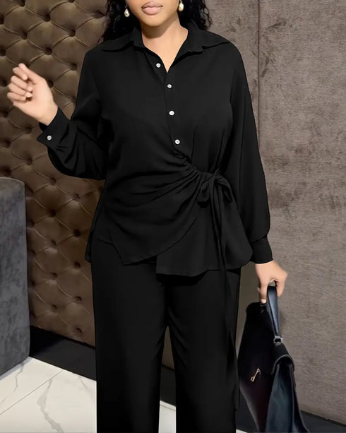 2 Pieces Outfit Turn-down Collar Button Front Drawstring Slit Asymmetrical Hem Top and Casual Elastic Back Waist Zipper Side Wide Leg Pants Set black