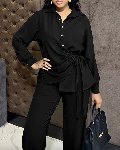 2 Pieces Outfit Turn-down Collar Button Front Drawstring Slit Asymmetrical Hem Top and Casual Elastic Back Waist Zipper Side Wide Leg Pants Set black