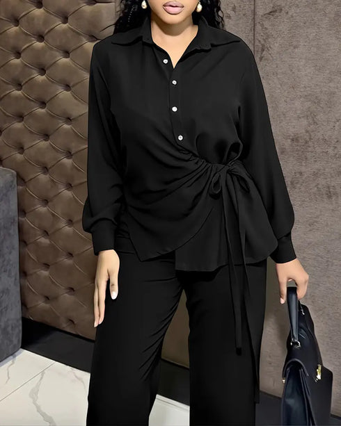 2 Pieces Outfit Turn-down Collar Button Front Drawstring Slit Asymmetrical Hem Top and Casual Elastic Back Waist Zipper Side Wide Leg Pants Set black