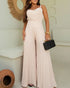Pleated Design V Neck Adjustable Spaghetti Straps Cinched Waist Overalls Casual Pleated Flared Jumpsuit Apricot
