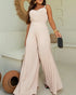 Pleated Design V Neck Adjustable Spaghetti Straps Cinched Waist Overalls Casual Pleated Flared Jumpsuit Apricot